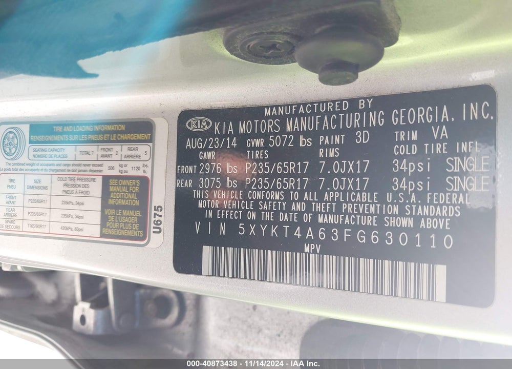 2015 KIA SORENTO LX VIN: 5XYKT4A63FG630110