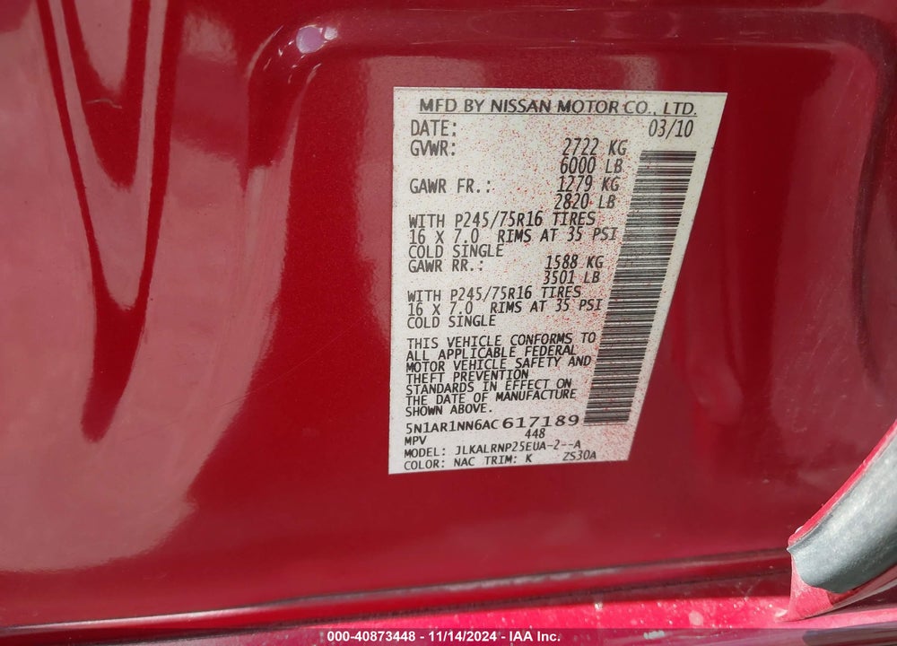 2010 NISSAN PATHFINDER S FE+ VIN: 5N1AR1NN6AC617189