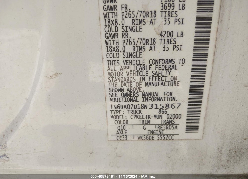 2008 NISSAN TITAN SE VIN: 1N6BA07D18N315867