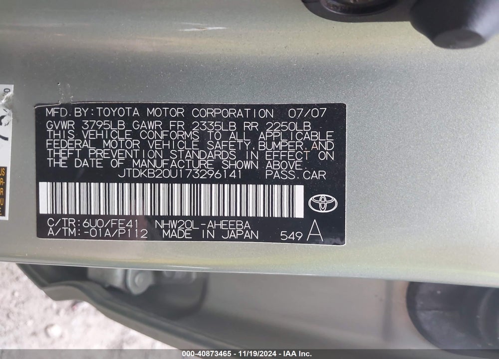 2007 TOYOTA PRIUS VIN: JTDKB20U173296141