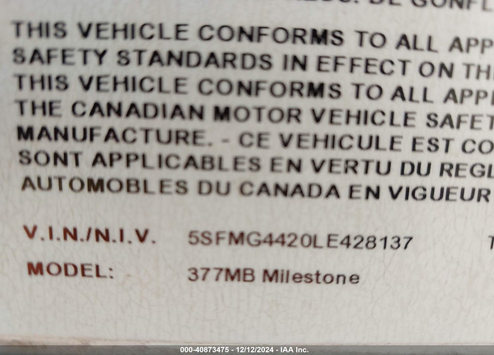 2020 HEARTLAND MILESTONE TRAVEL TRAILER VIN: 5SFMG4420LE428137
