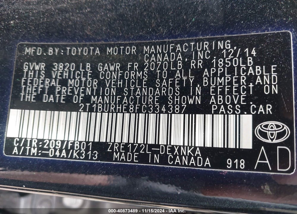 2015 TOYOTA COROLLA VIN: 2T1BURHE8FC334387