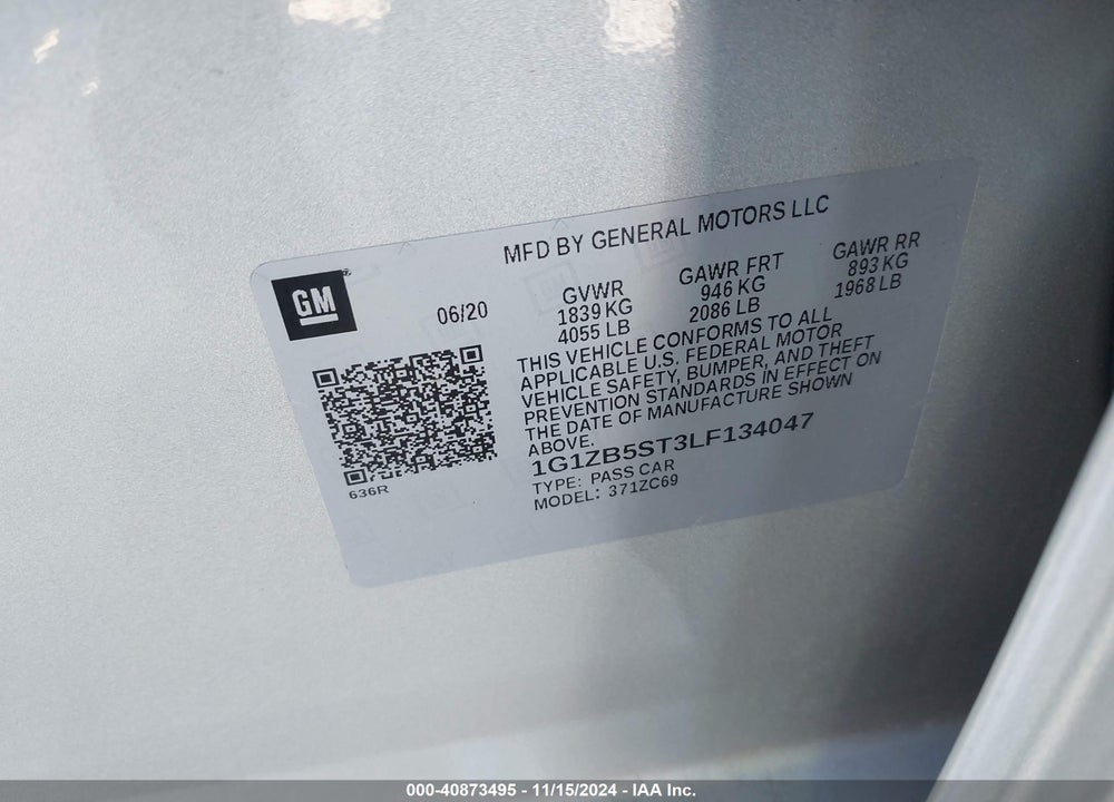 2020 CHEVROLET MALIBU VIN: 1G1ZB5ST3LF134047