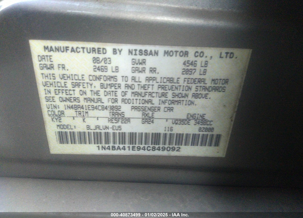 2004 NISSAN MAXIMA 3.5 SE VIN: 1N4BA41E94C849092