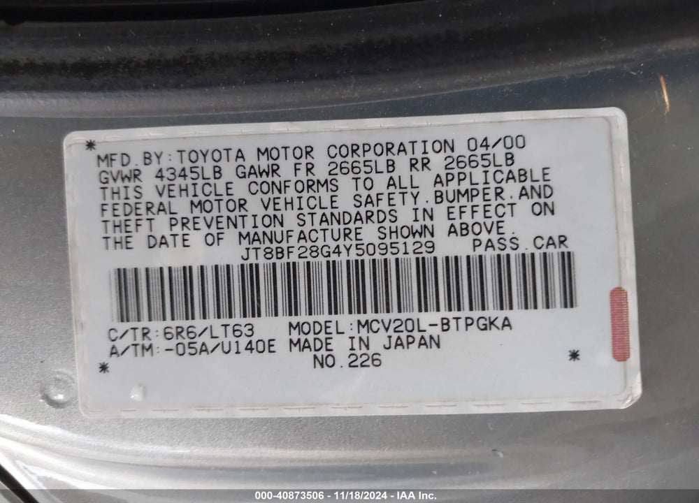 2000 LEXUS ES 300 VIN: JT8BF28G4Y5095129