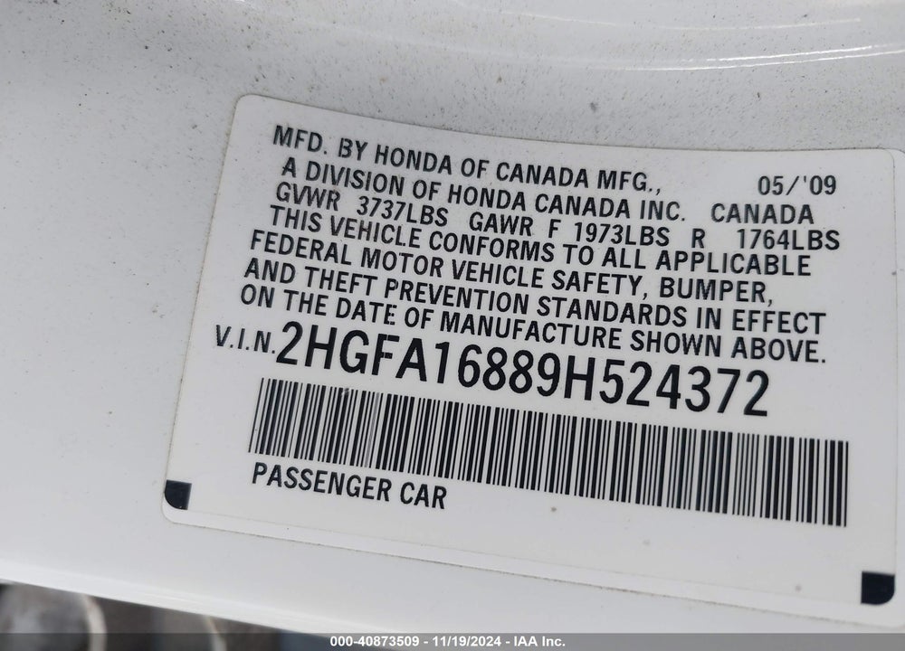 2009 HONDA CIVIC EX VIN: 2HGFA16889H524372