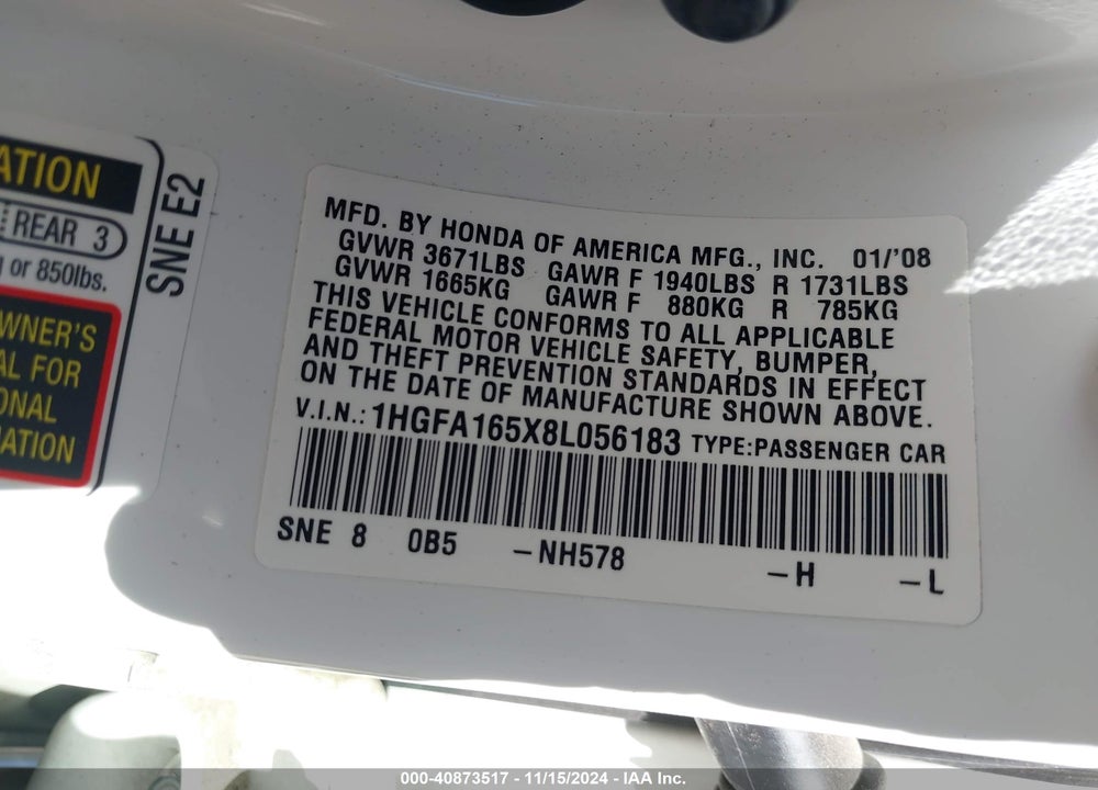 2008 HONDA CIVIC LX VIN: 1HGFA165X8L056183