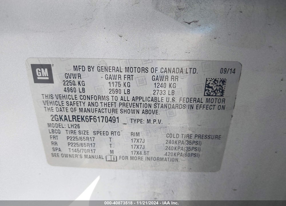 2015 GMC TERRAIN SLE-2 VIN: 2GKALREK6F6170491