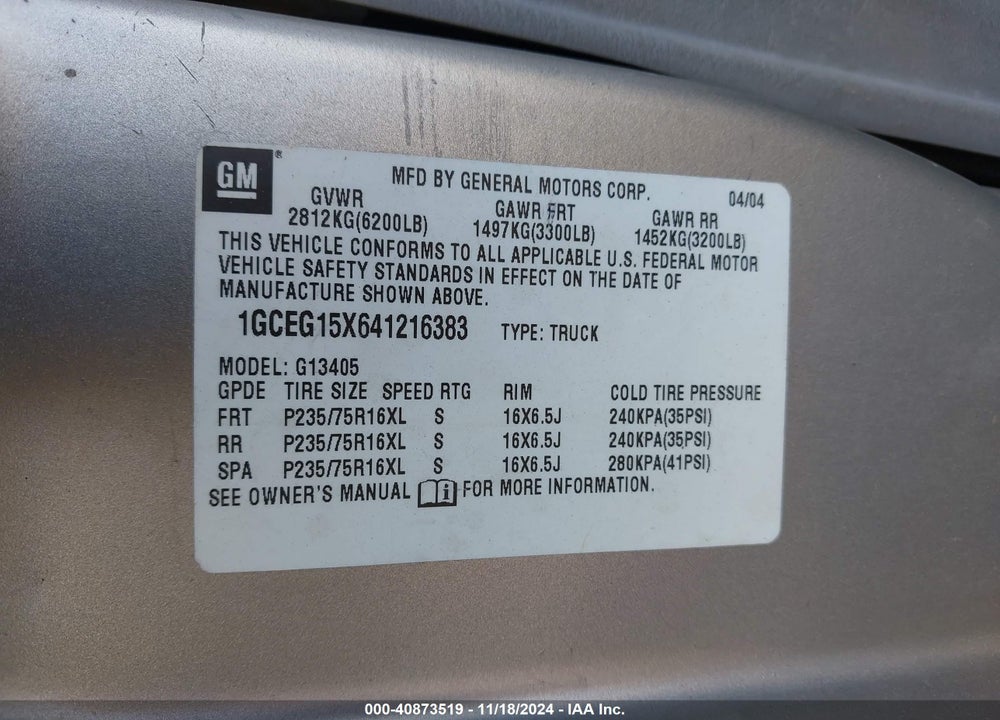 2004 CHEVROLET EXPRESS VIN: 1GCEG15X641216383