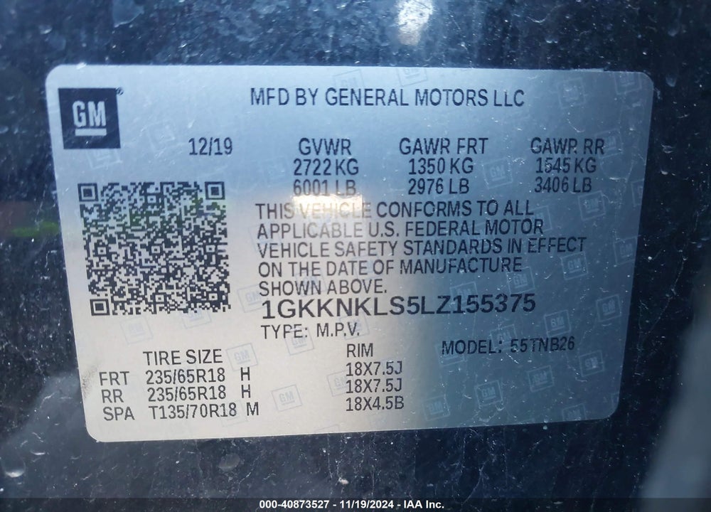 2020 GMC ACADIA FWD SLE VIN: 1GKKNKLS5LZ155375