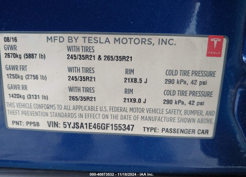 2016 TESLA MODEL S 90D/P100D/P85D/P90D VIN: 5YJSA1E46GF155347