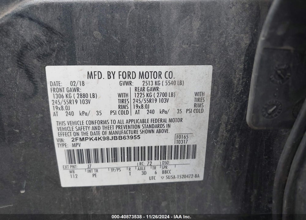 2018 FORD EDGE TITANIUM VIN: 2FMPK4K98JBB63955