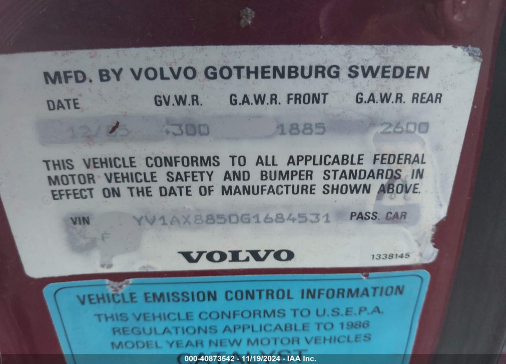 1986 VOLVO 245 DL/GL VIN: YV1AX8850G1684531
