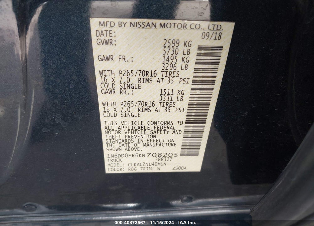2019 NISSAN FRONTIER VIN: 1N6DD0ER6KN708205