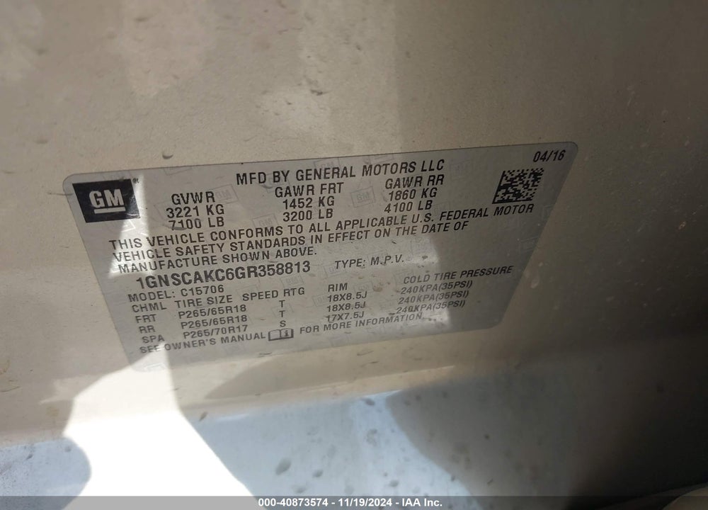 2016 CHEVROLET TAHOE LS VIN: 1GNSCAKC6GR358813