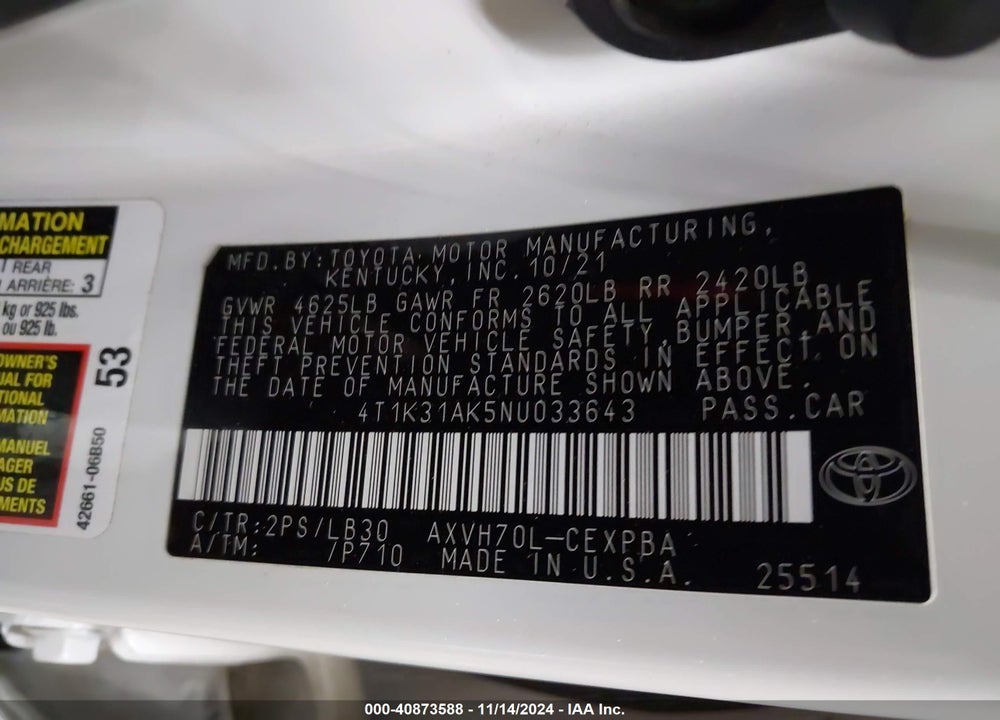 2022 TOYOTA CAMRY XSE HYBRID VIN: 4T1K31AK5NU033643