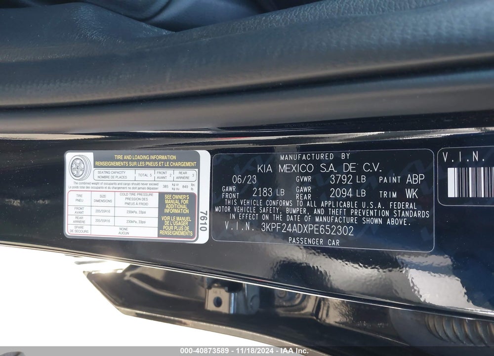 2023 KIA FORTE LXS VIN: 3KPF24ADXPE652302