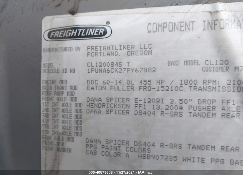 2007 FREIGHTLINER COLUMBIA COLUMBIA VIN: 1FUNA6CK27PY67882