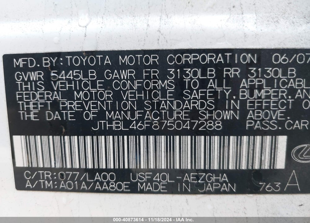 2007 LEXUS LS 460 VIN: JTHBL46F875047288