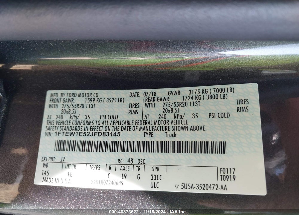 2018 FORD F-150 XLT VIN: 1FTEW1E52JFD83145