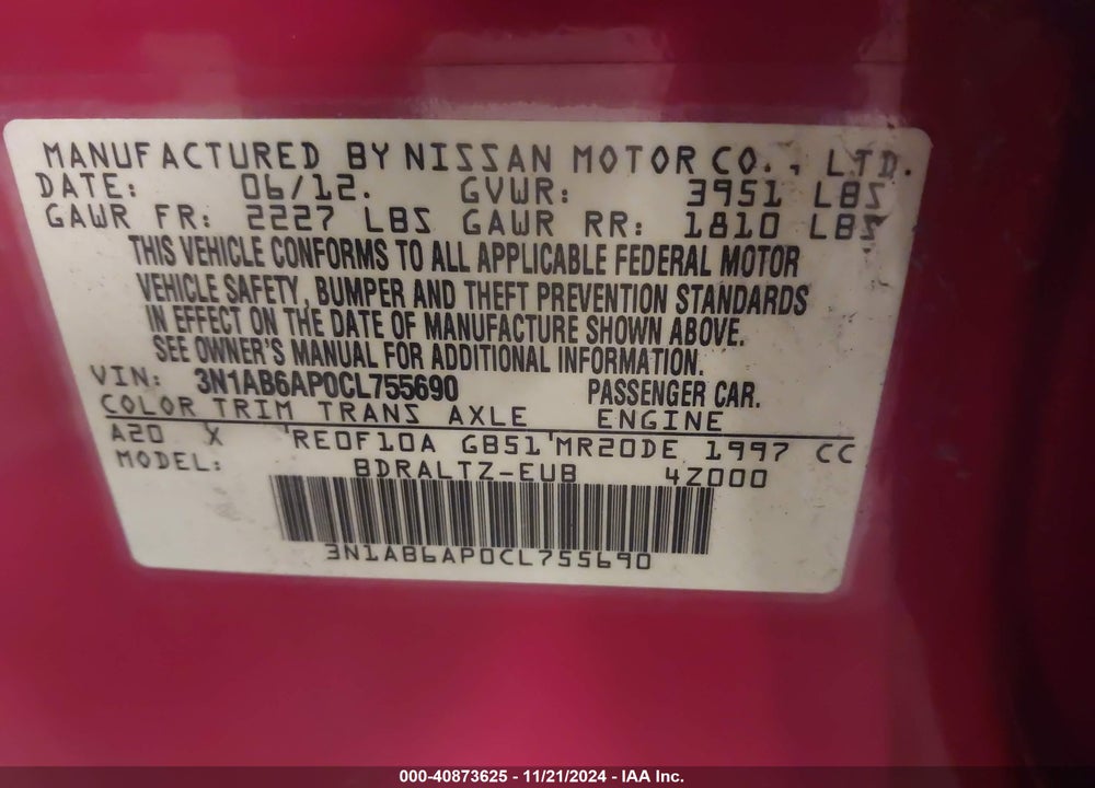 2012 NISSAN SENTRA 2.0 SR VIN: 3N1AB6AP0CL755690