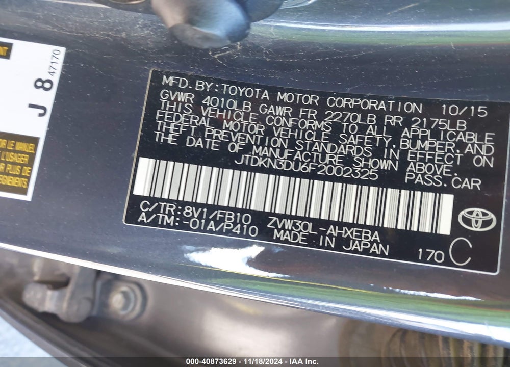 2015 TOYOTA PRIUS VIN: JTDKN3DU6F2002325