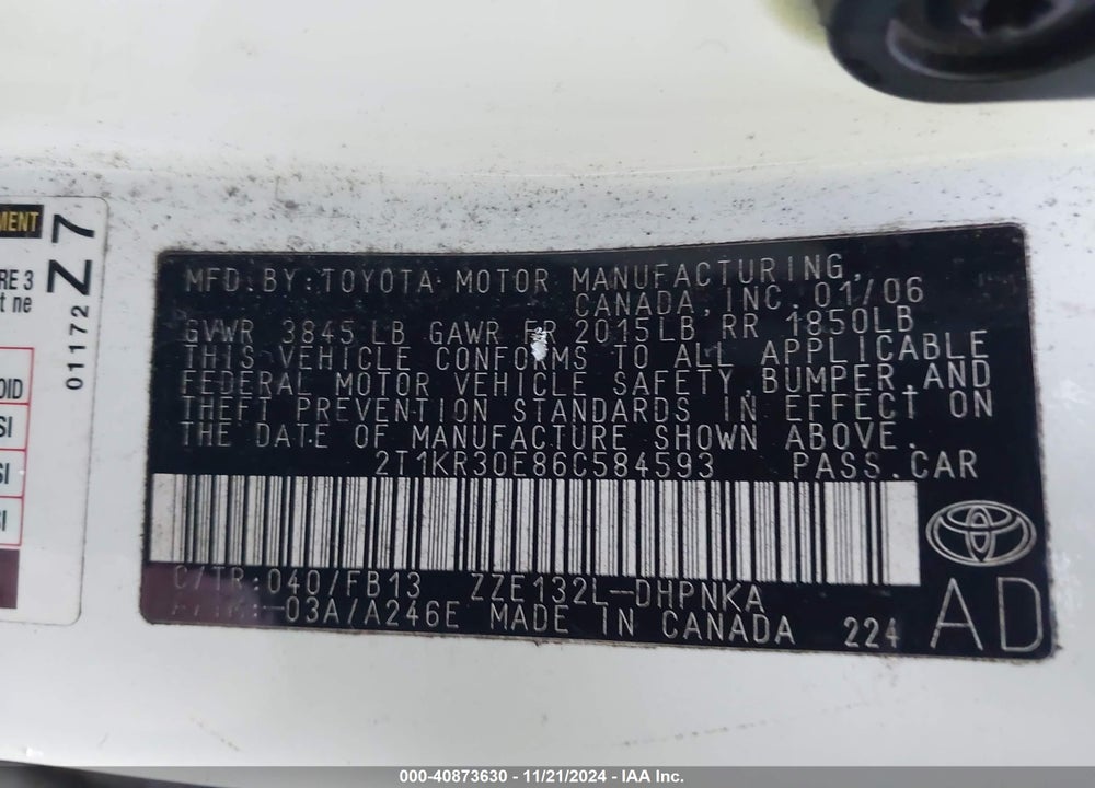2006 TOYOTA MATRIX/XR VIN: 2T1KR30E86C584593