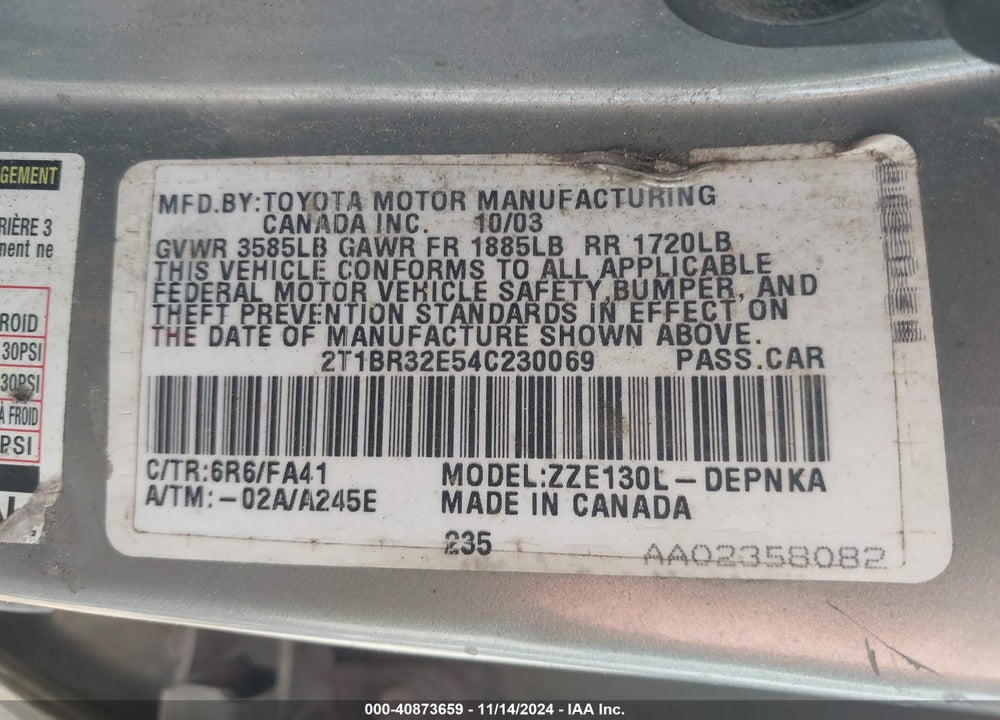 2004 TOYOTA COROLLA LE VIN: 2T1BR32E54C230069