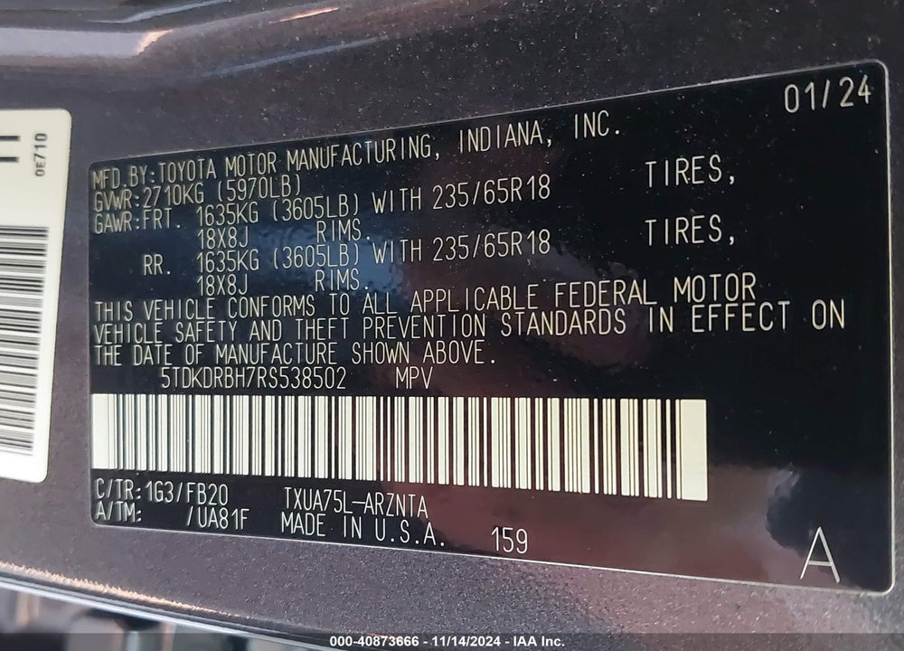 2024 TOYOTA HIGHLANDER LE VIN: 5TDKDRBH7RS538502