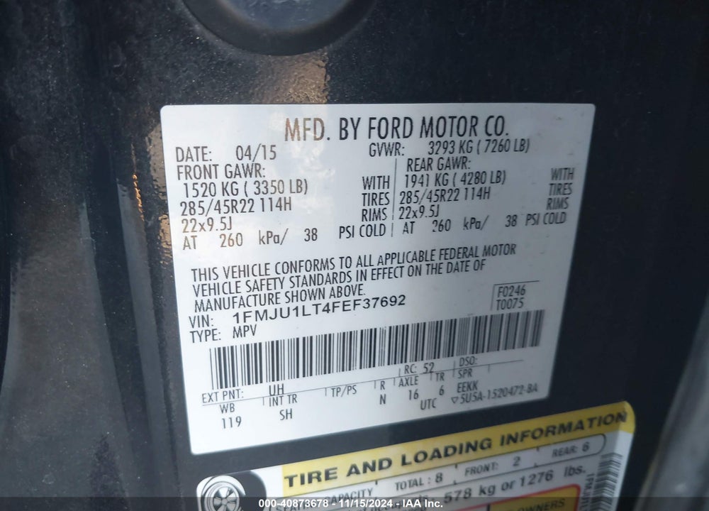 2015 FORD EXPEDITION PLATINUM VIN: 1FMJU1LT4FEF37692