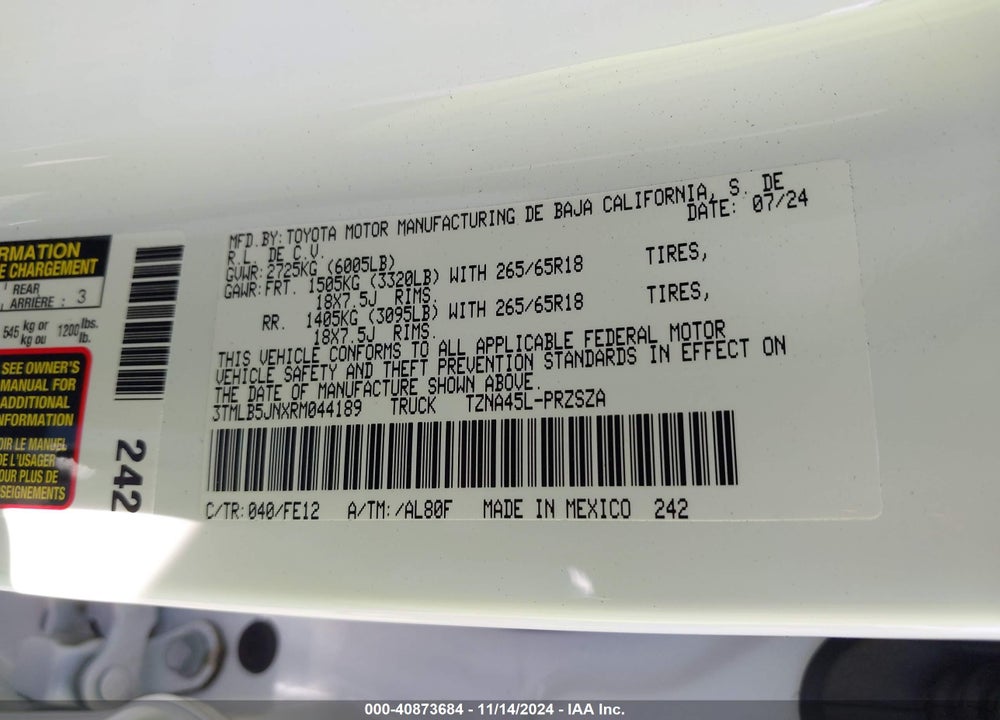 2024 TOYOTA TACOMA VIN: 3TMLB5JNXRM044189