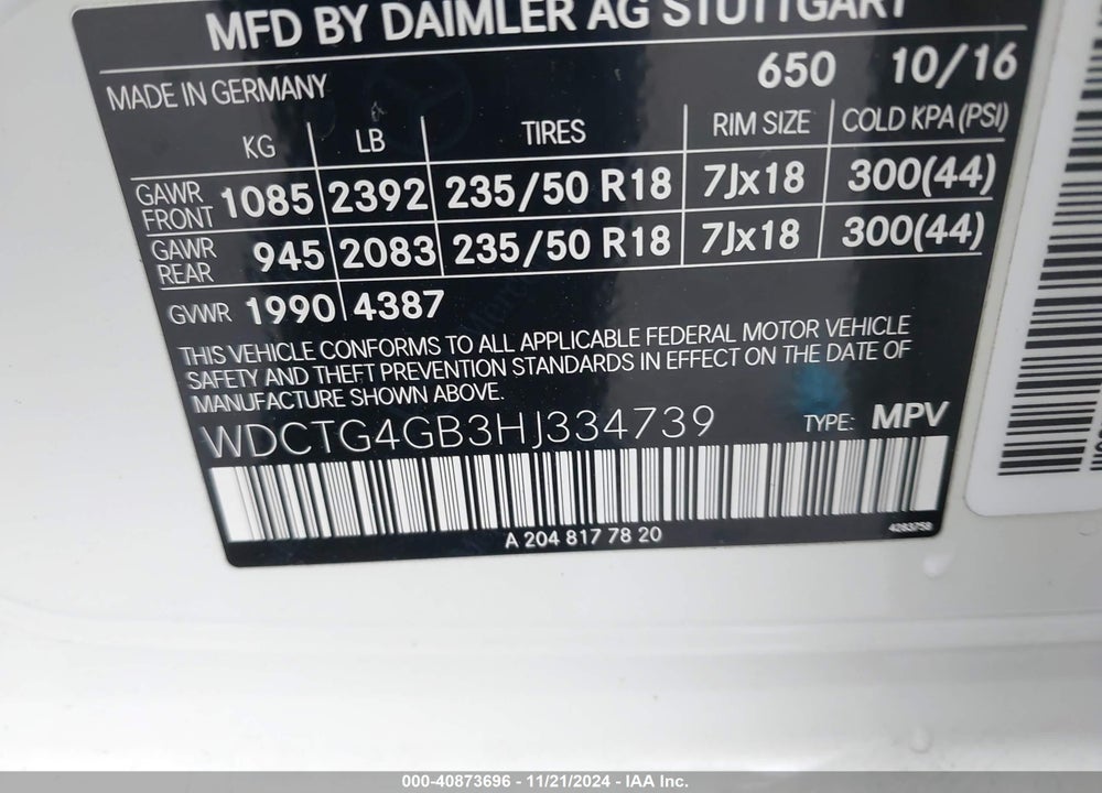 2017 MERCEDES-BENZ GLA 250 4MATIC VIN: WDCTG4GB3HJ334739