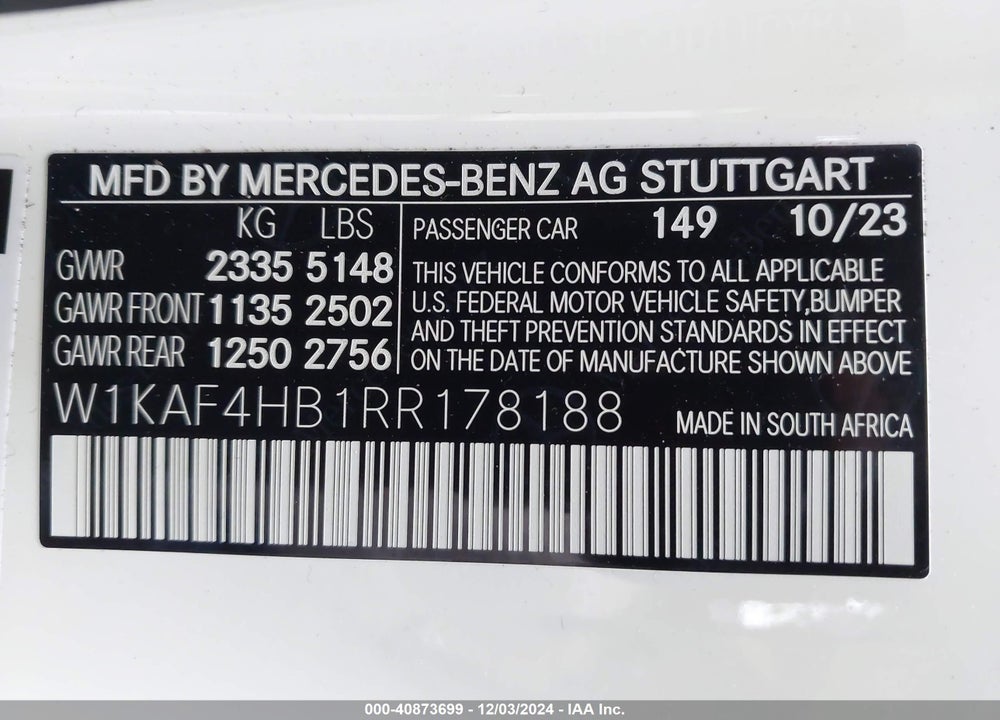 2024 MERCEDES-BENZ C 300 VIN: W1KAF4HB1RR178188