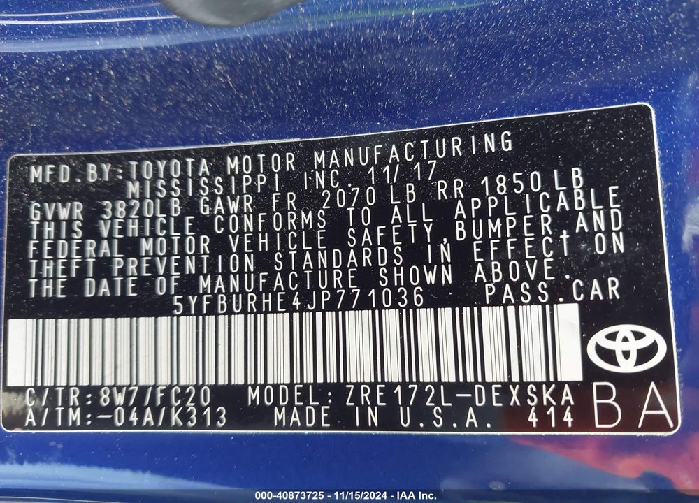 2018 TOYOTA COROLLA SE VIN: 5YFBURHE4JP771036