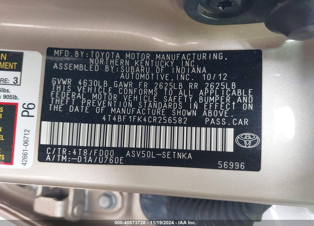 2012 TOYOTA CAMRY LE VIN: 4T4BF1FK4CR256582