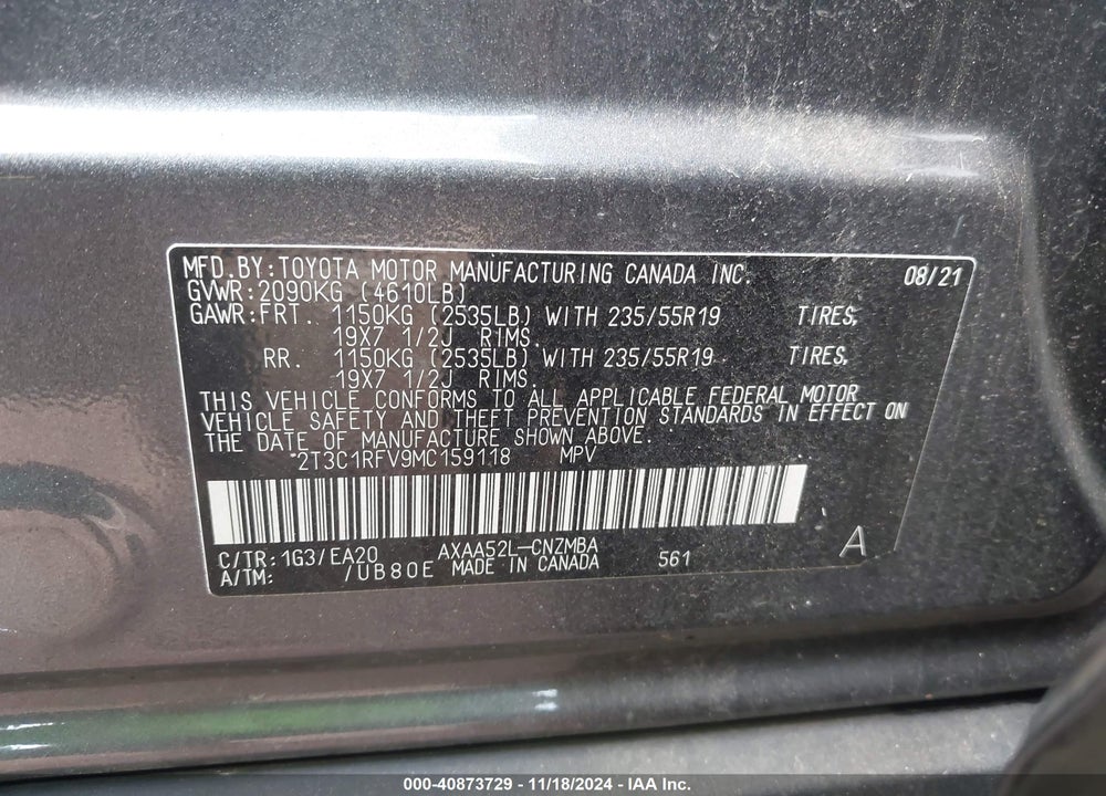 2021 TOYOTA RAV4 XLE PREMIUM VIN: 2T3C1RFV9MC159118