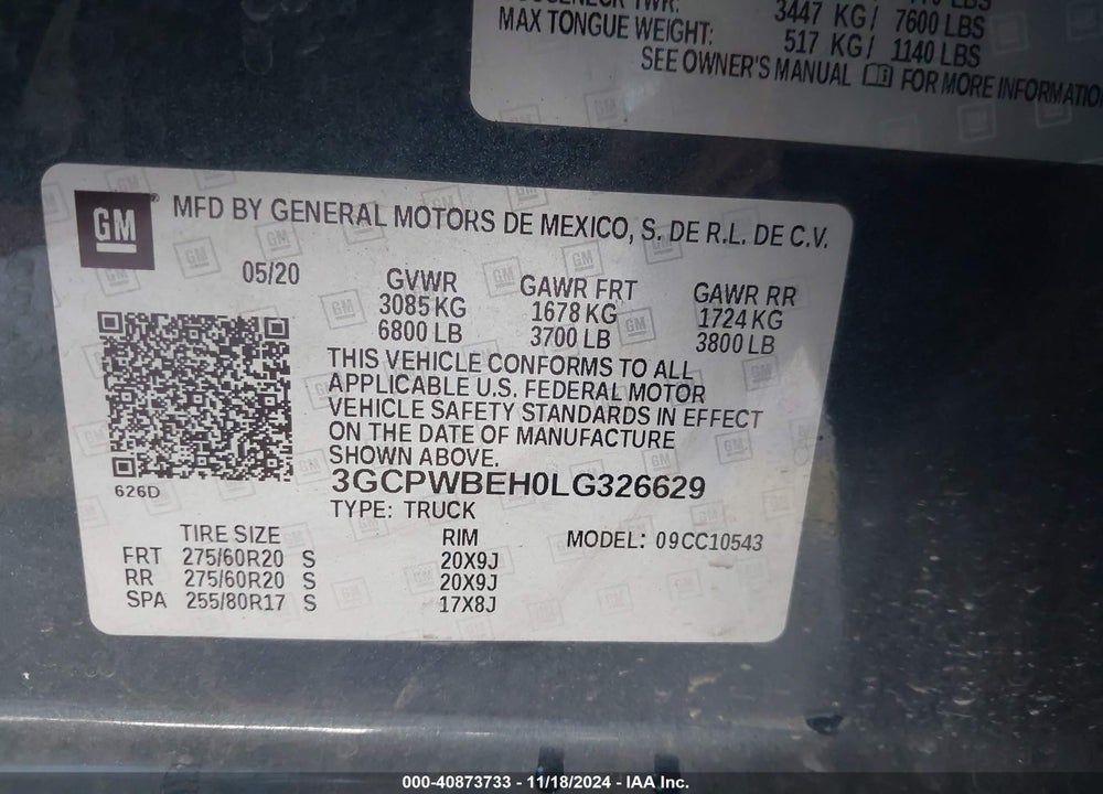 2020 CHEVROLET SILVERADO 1500 2WD SHORT BED CUSTOM VIN: 3GCPWBEH0LG326629