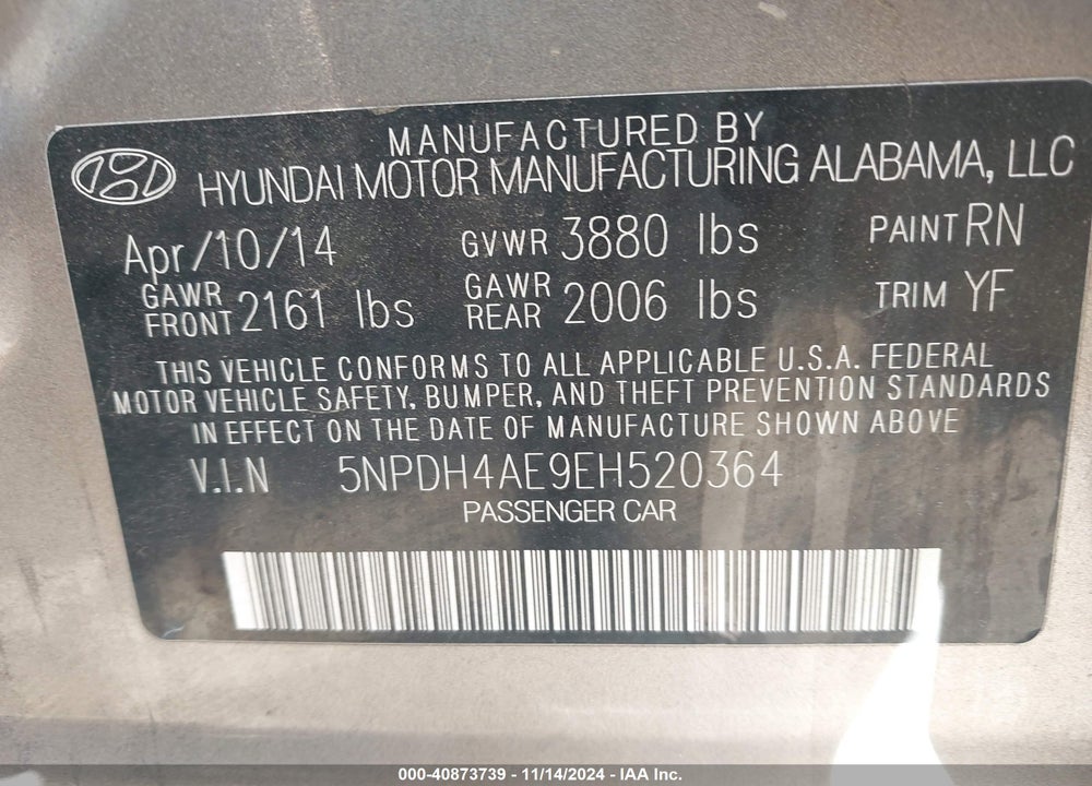 2014 HYUNDAI ELANTRA SE VIN: 5NPDH4AE9EH520364