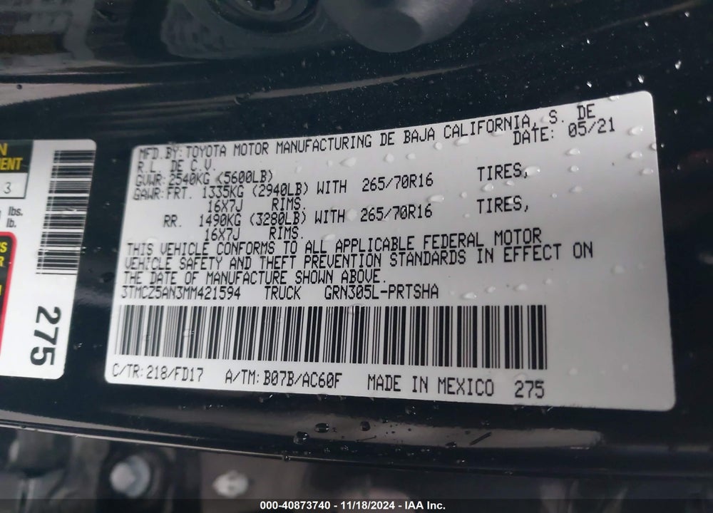 2021 TOYOTA TACOMA TRD OFF ROAD VIN: 3TMCZ5AN3MM421594