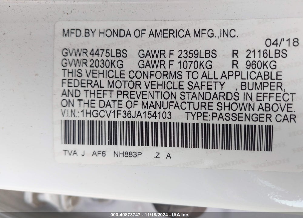 2018 HONDA ACCORD SPORT VIN: 1HGCV1F36JA154103