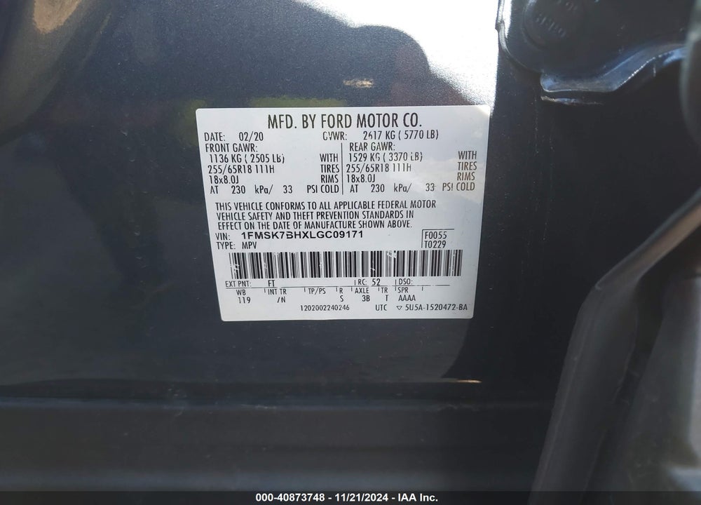 2020 FORD EXPLORER VIN: 1FMSK7BHXLGC09171