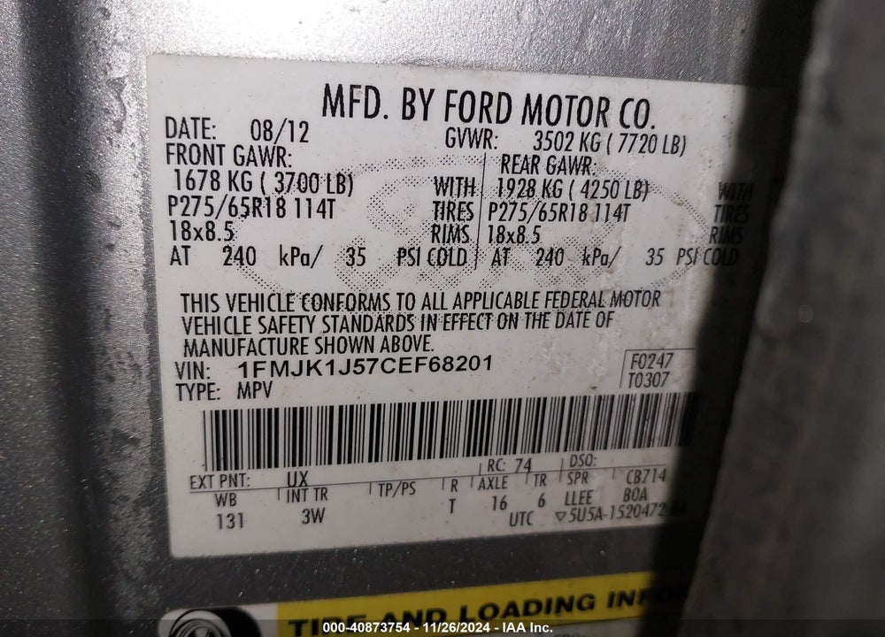 2012 FORD EXPEDITION EL XLT VIN: 1FMJK1J57CEF68201