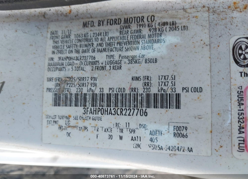 2012 FORD FUSION SE VIN: 3FAHP0HA3CR227706