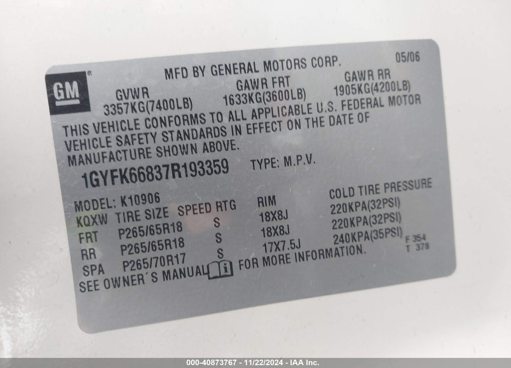 2007 CADILLAC ESCALADE ESV STANDARD VIN: 1GYFK66837R193359