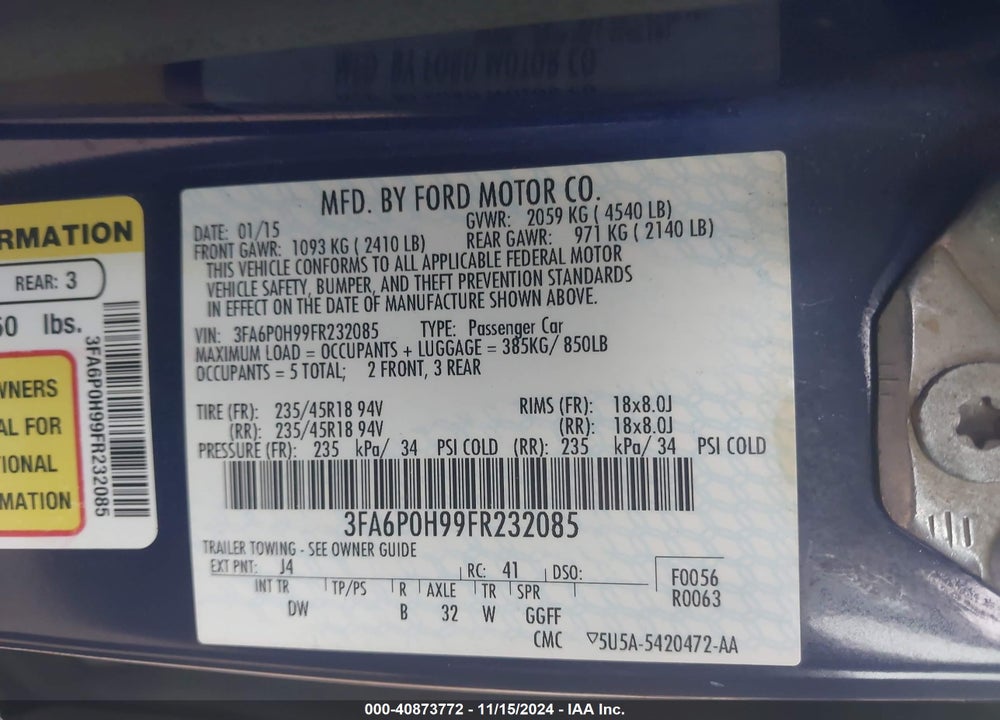2015 FORD FUSION SE VIN: 3FA6P0H99FR232085
