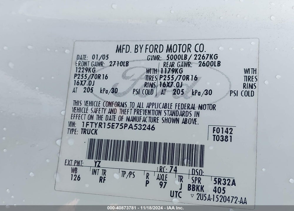 2005 FORD RANGER EDGE/XL/XLT VIN: 1FTYR15E75PA53246