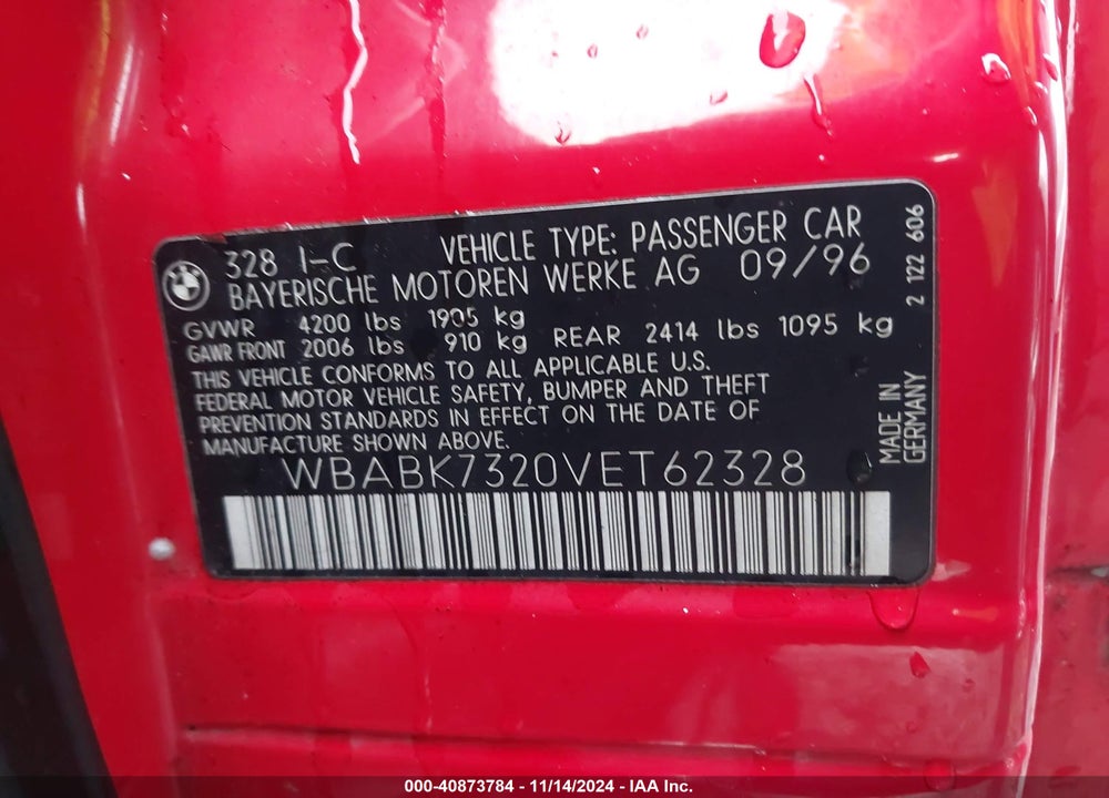 1997 BMW 328IC VIN: WBABK7320VET62328