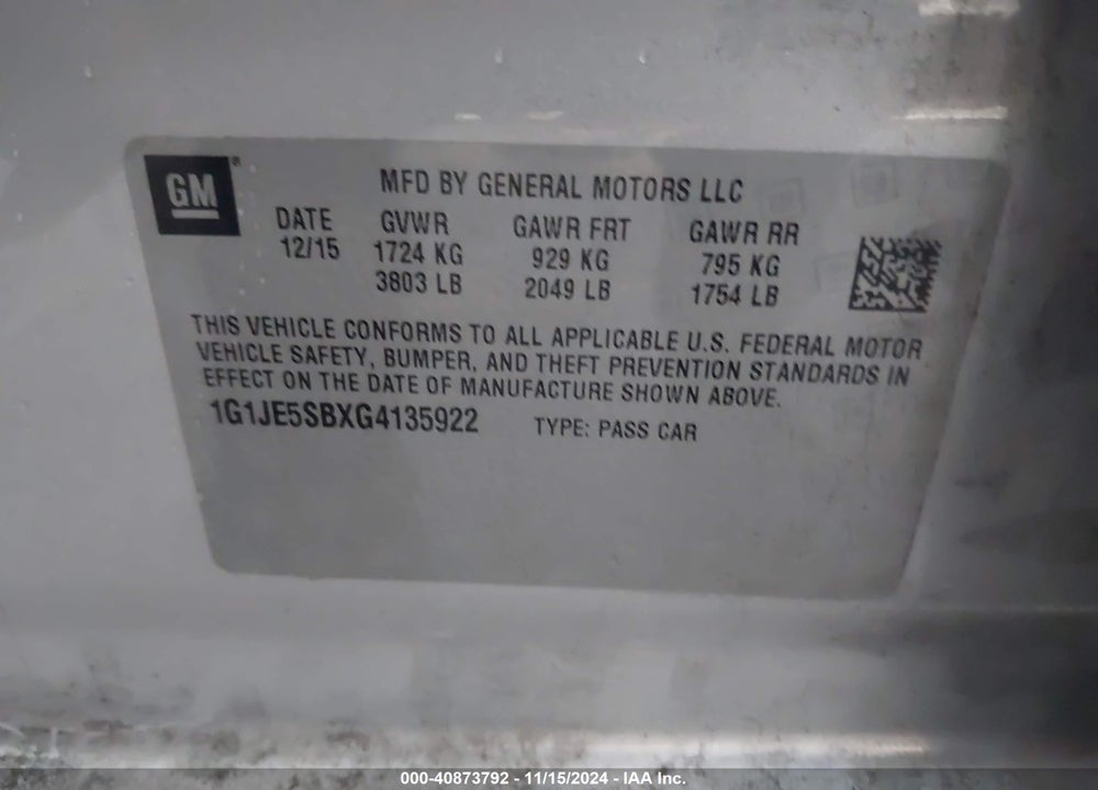 2016 CHEVROLET SONIC LTZ AUTO VIN: 1G1JE5SBXG4135922