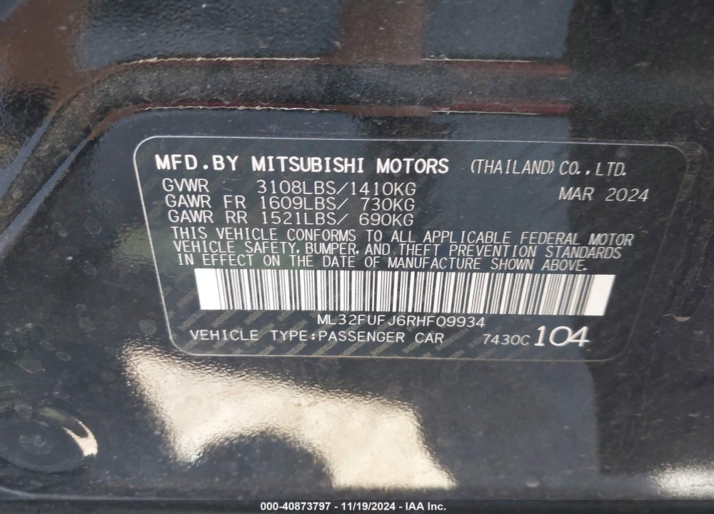 2024 MITSUBISHI MIRAGE G4 VIN: ML32FUFJ6RHF09934