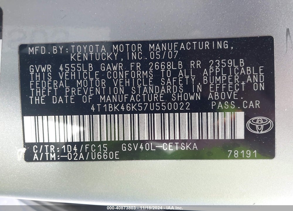 2007 TOYOTA CAMRY SE V6 VIN: 4T1BK46K57U550022